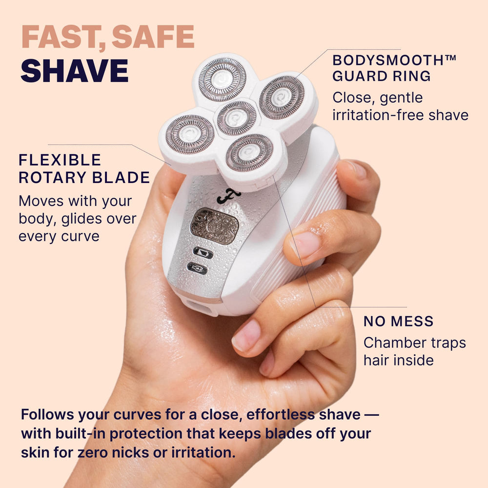Five interchangeable Freebird heads arrayed to show versatility for different grooming tasks