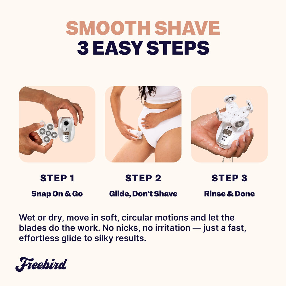 Freebird razor shaving lower leg, demonstrating smooth finish and reduced irritation