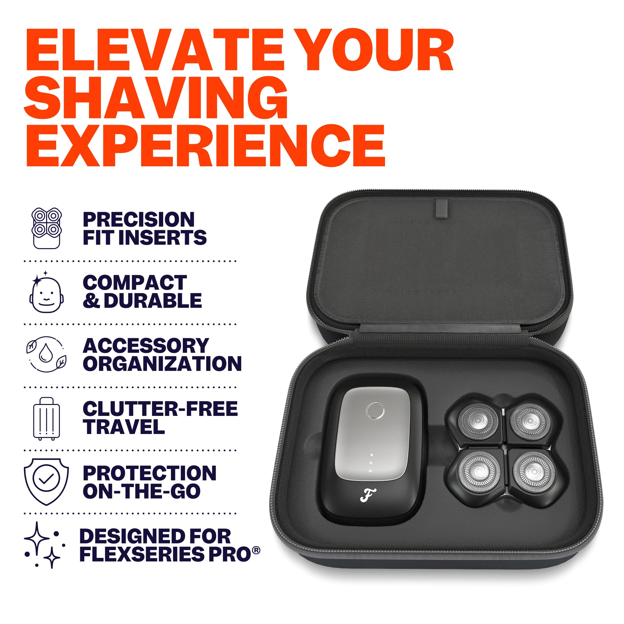 Freebird case interior with molded compartment and pockets keeping shaver and accessories organized