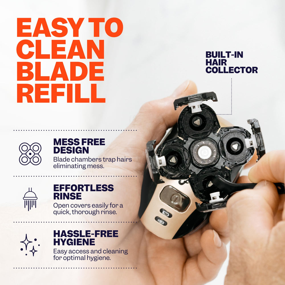 Freebird blade beside a coin for scale showing compact refill size and portability