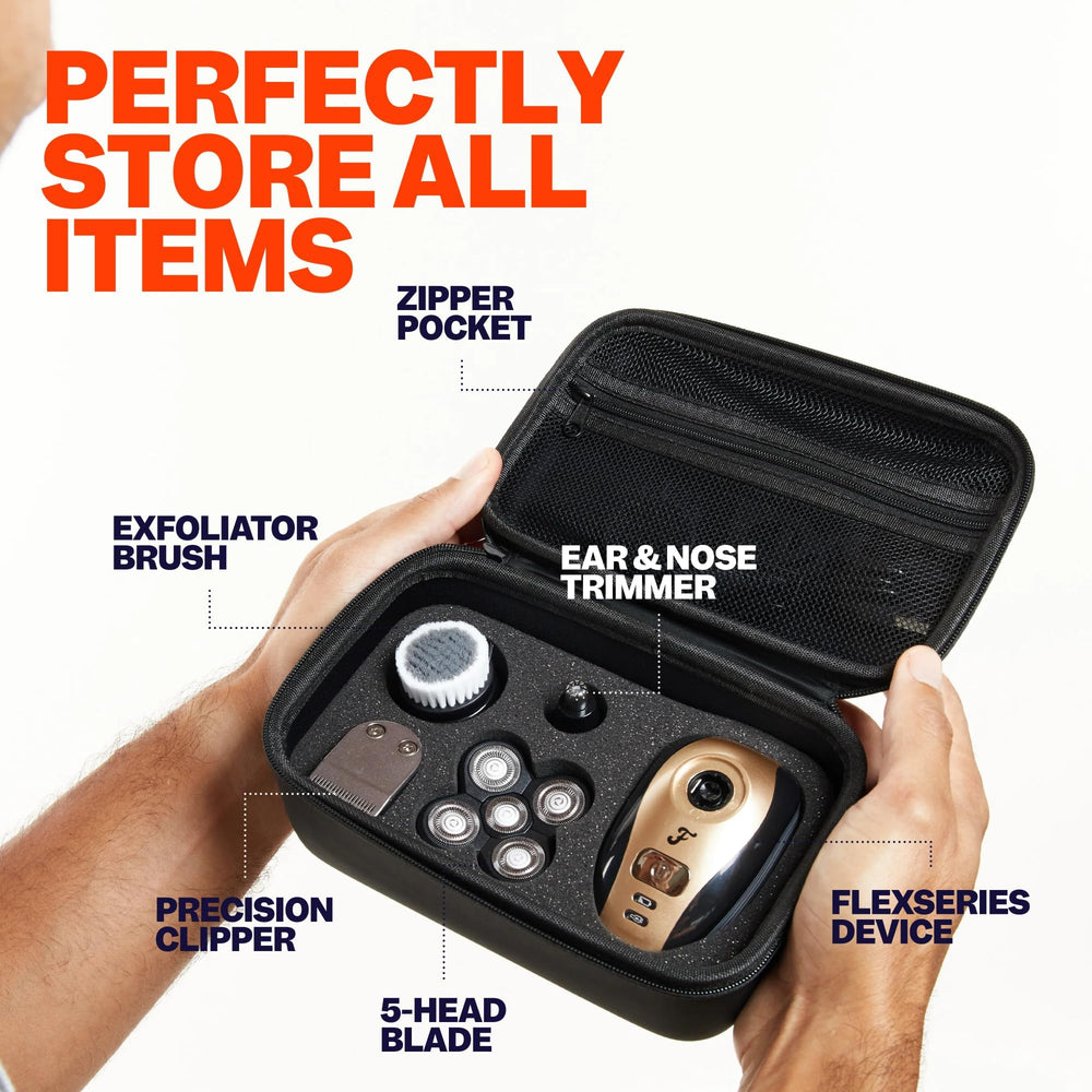 Freebird open case layout organizing shaver, heads, and cables efficiently