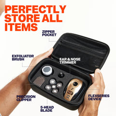 Freebird open case layout organizing shaver, heads, and cables efficiently
