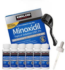 Freedom's Warehouse Kirkland minoxidil front packaging showing six bottles and benefits