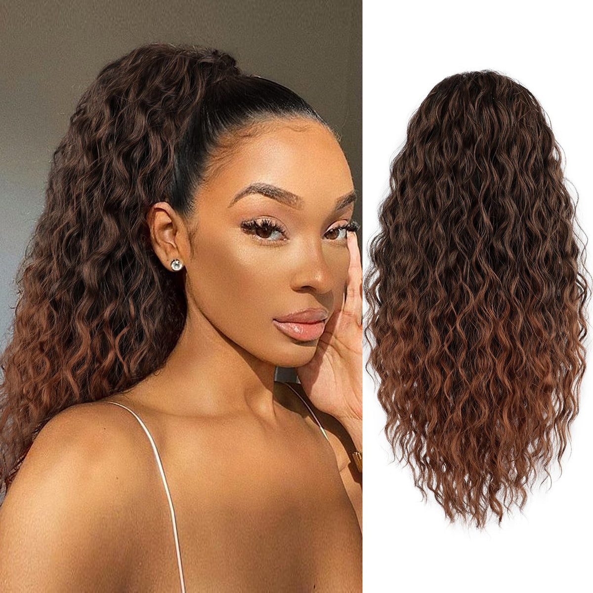 FREEMEIGE front packaging showing 20-inch curly drawstring ponytail and quick styling benefit