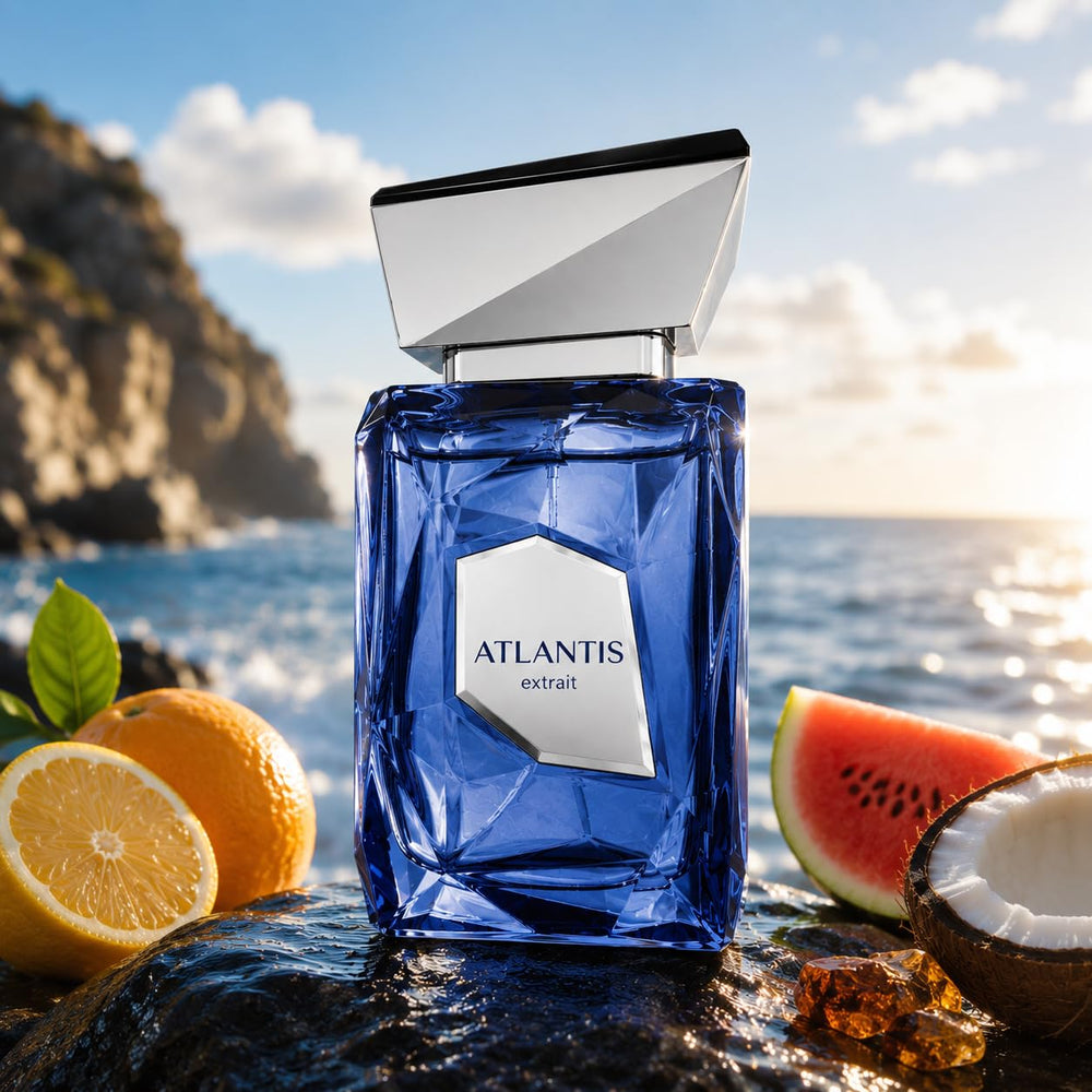 French Avenue Atlantis Extrait ingredients display with citrus and coconut for sensory context
