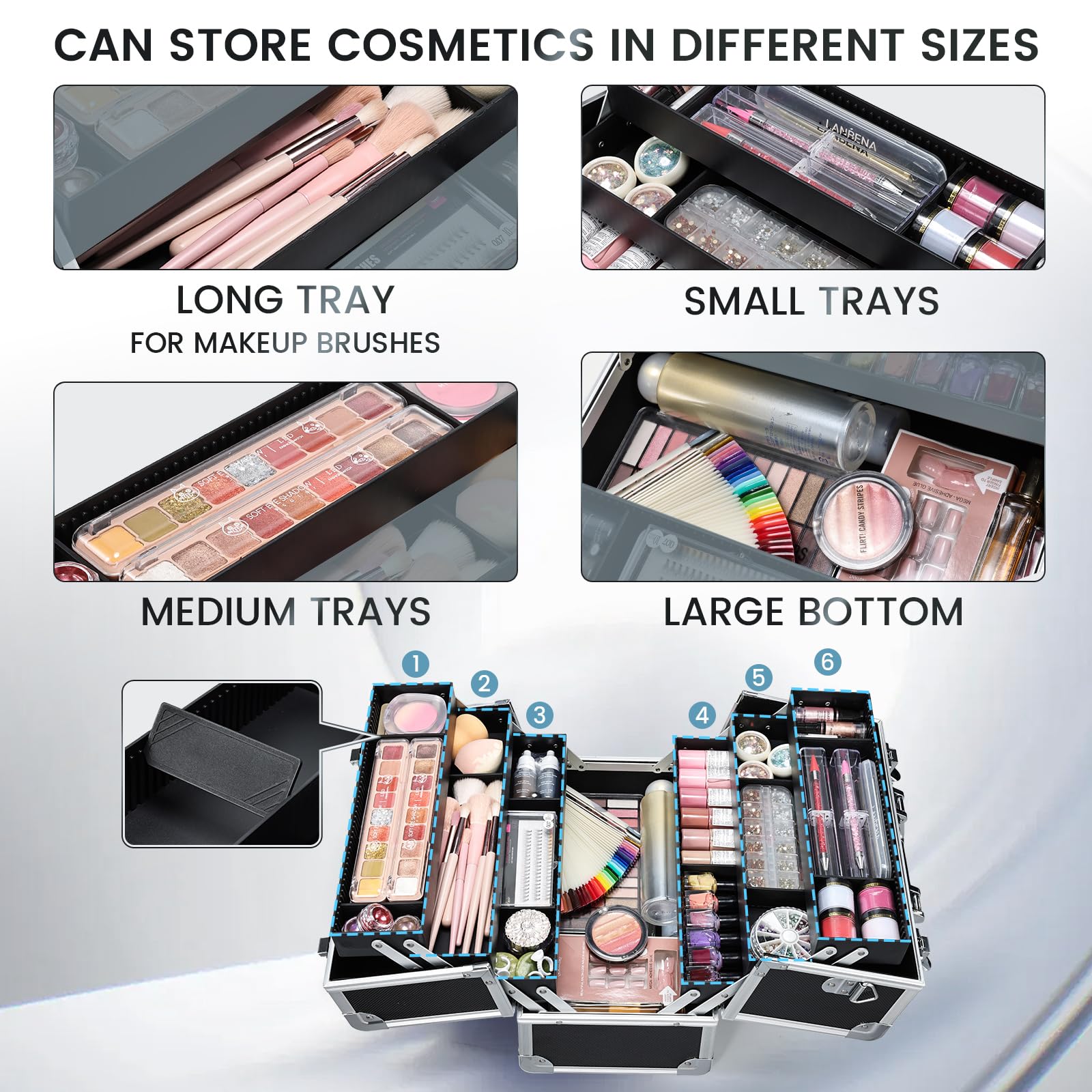FRENESSA open cantilever trays displaying organized makeup for quick access and layout