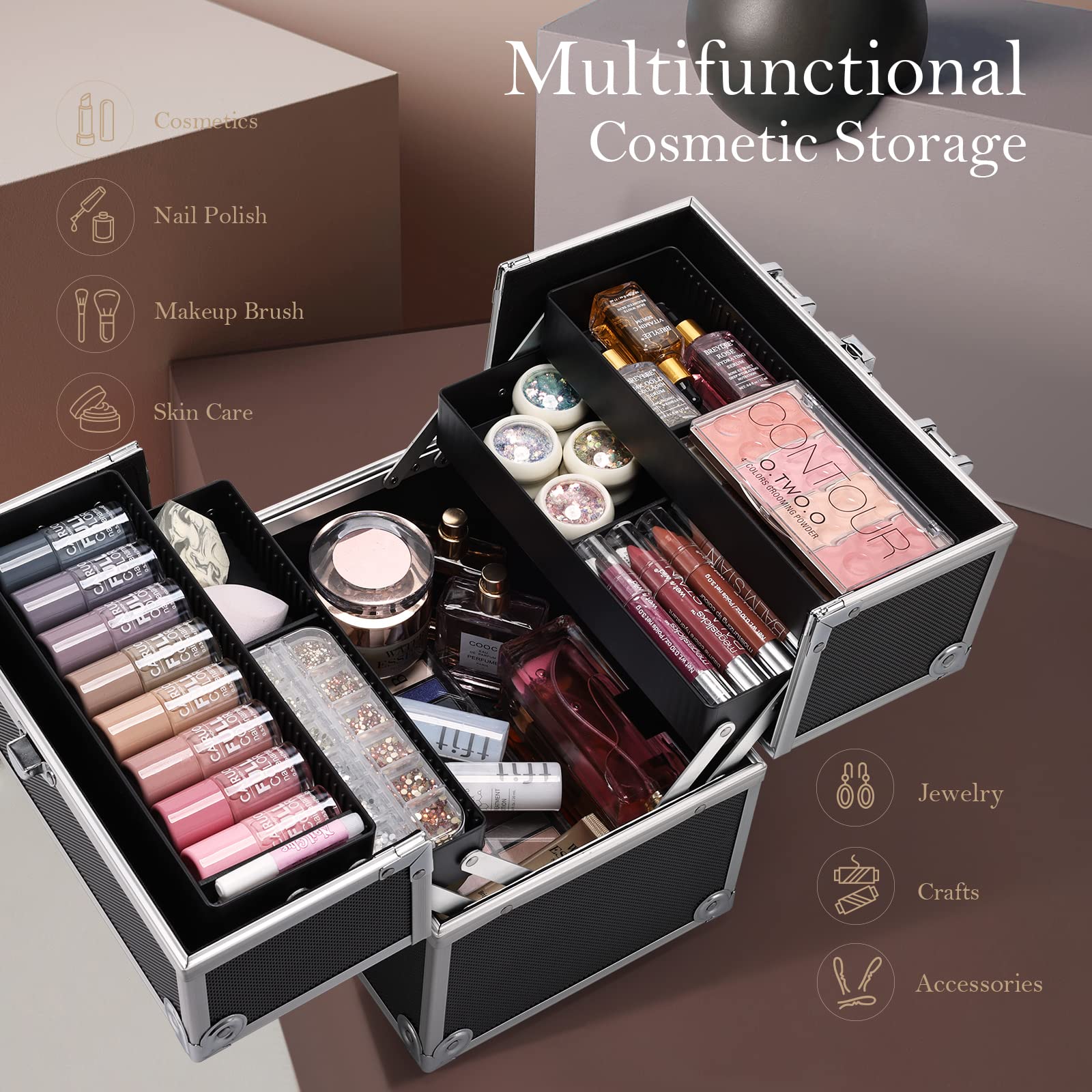 FRENESSA bottom compartment packed with palettes and brushes for neat storage