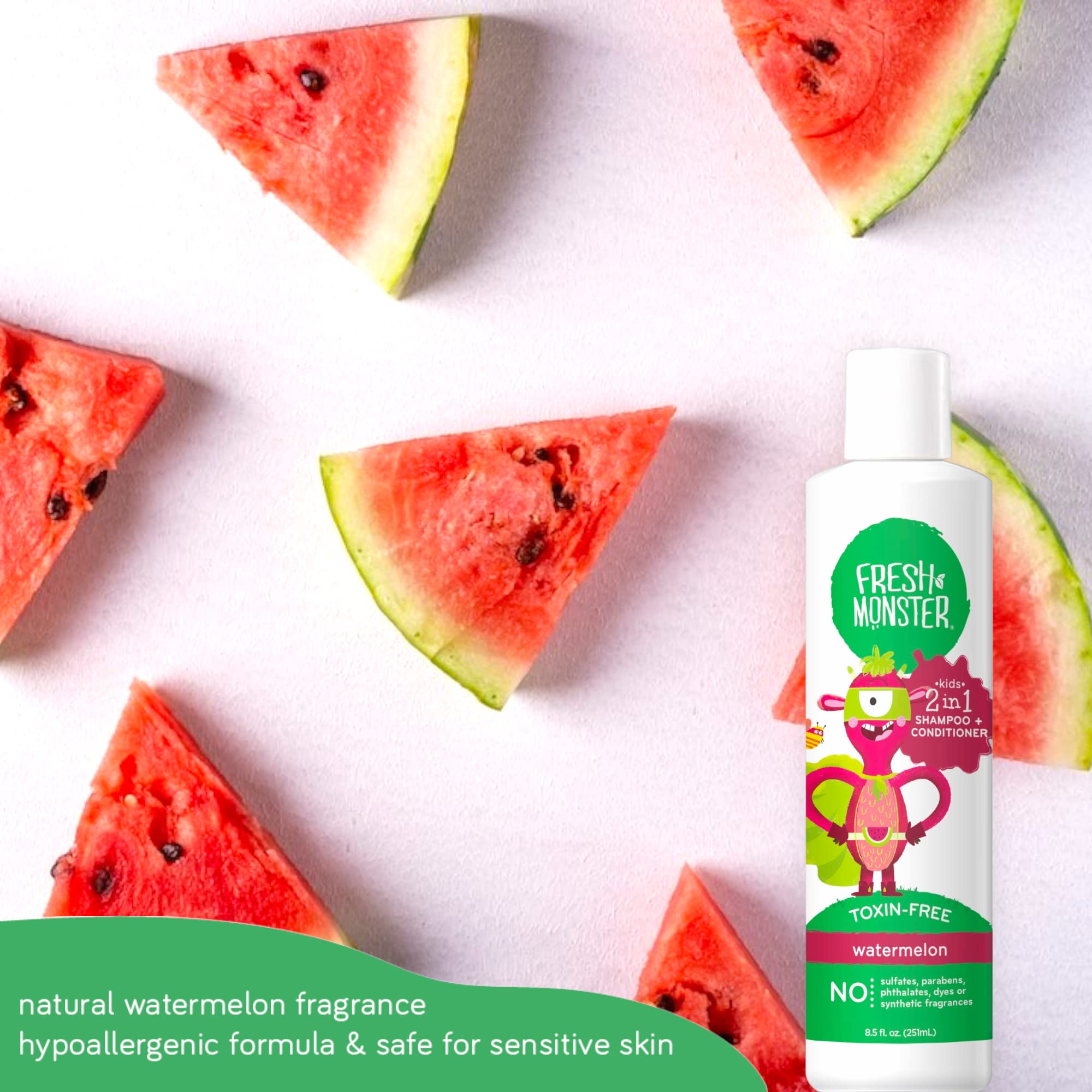 Fresh Monster bottle on a bathroom shelf with playful monster encouraging fun, confident routines