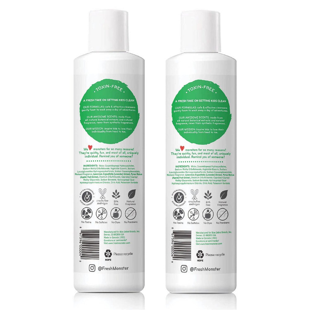 Fresh Monster bottle held by child, easy-to-grip design encourages independent washing