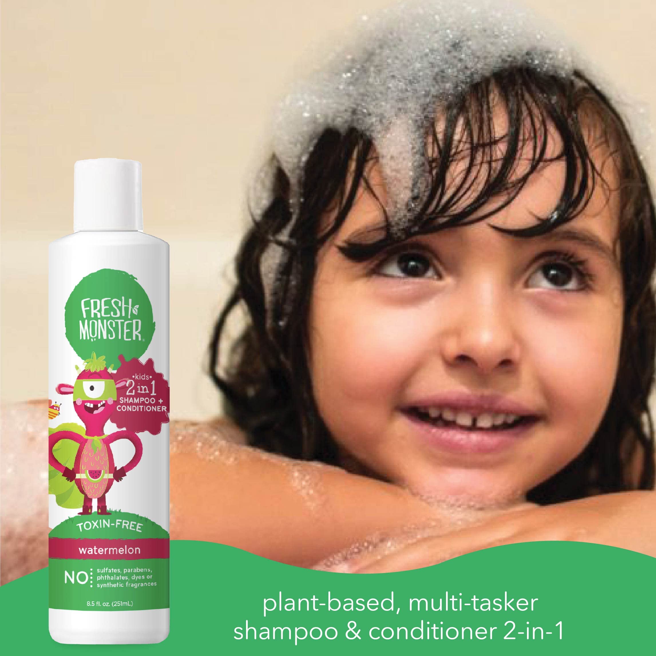 Fresh Monster shampoo foaming on wet hair to show gentle lather and quick rinse benefits
