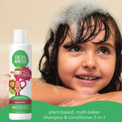 Fresh Monster shampoo foaming on wet hair to show gentle lather and quick rinse benefits