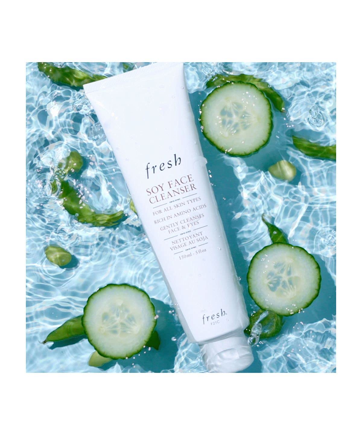 Fresh cleanser on bathroom counter in use setting, illustrating calming routine benefit
