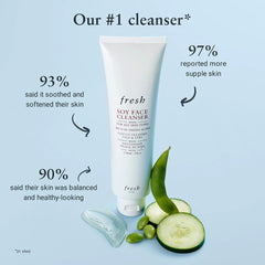 Fresh cleanser next to a measuring tape for scale, demonstrating full-size 150ml convenience