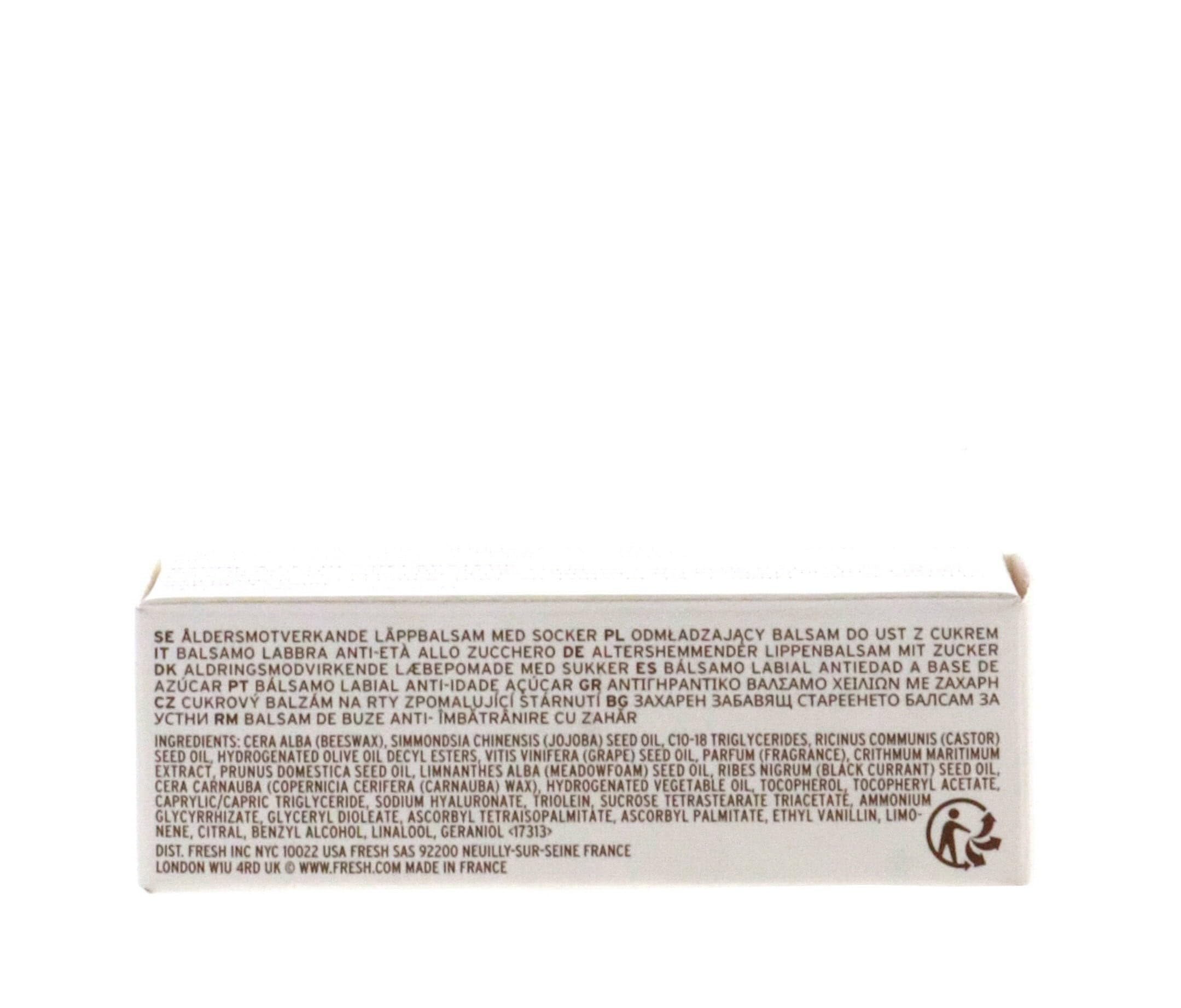Fresh sugar lip treatment ingredients label showing sea fennel and orange extract for antioxidant and contouring benefits
