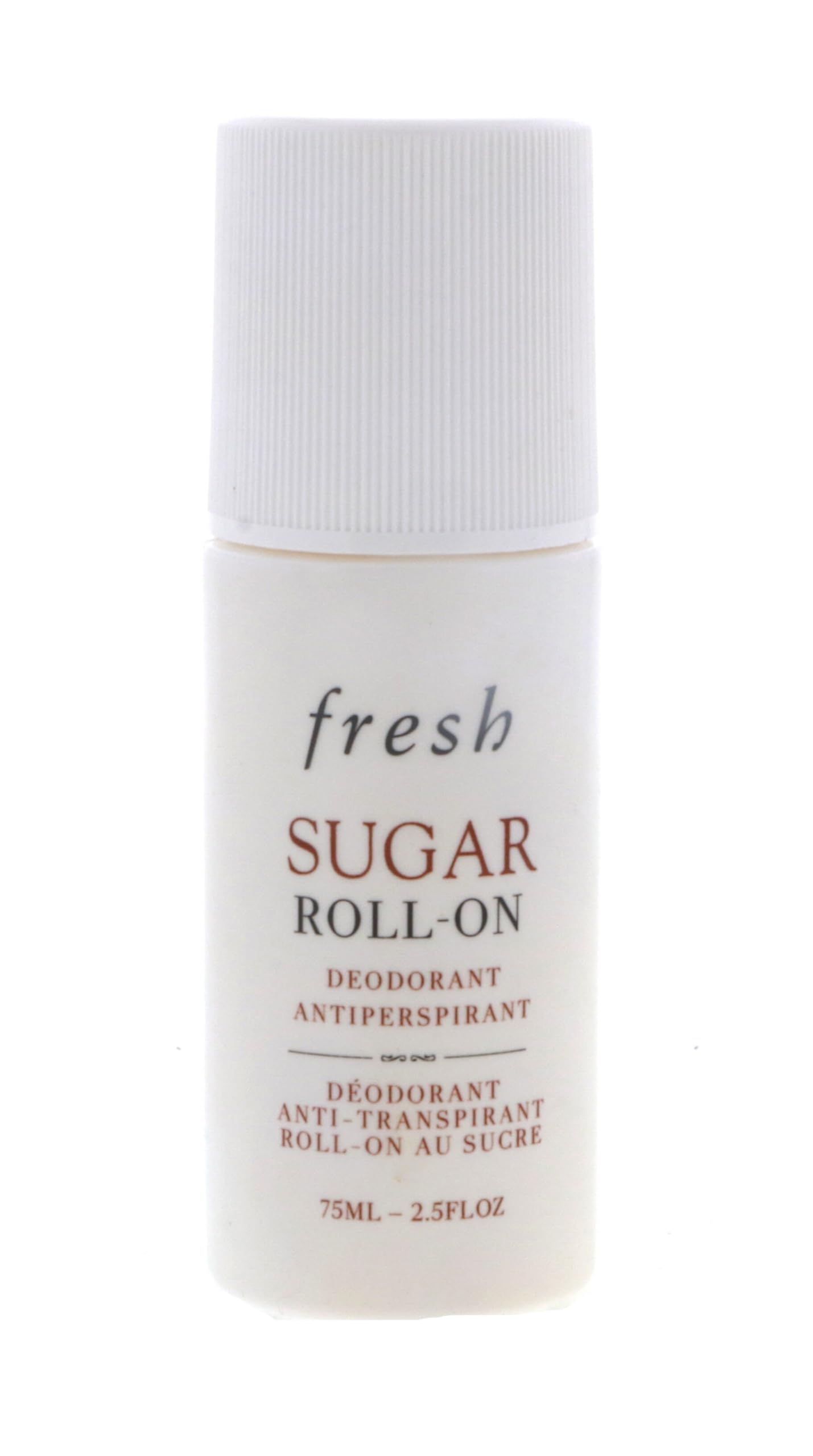 Fresh Sugar roll-on next to travel items showing compact 75ml size for portability and convenience