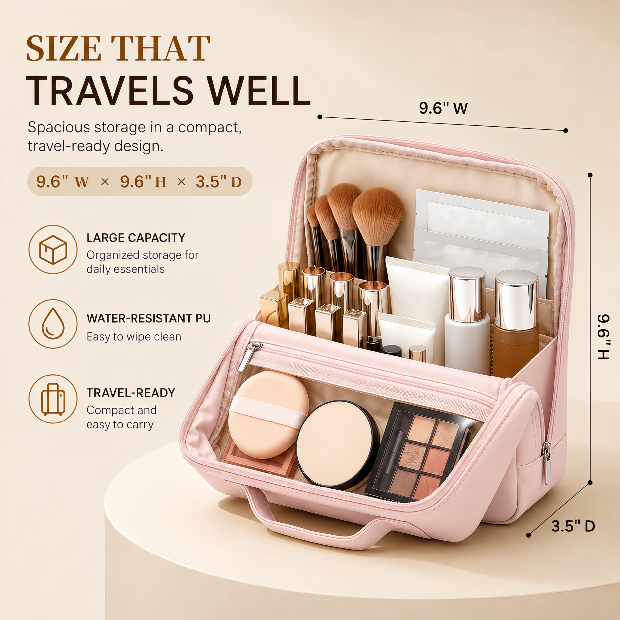 Frilgvenient open interior with removable divider organizing brushes and palettes