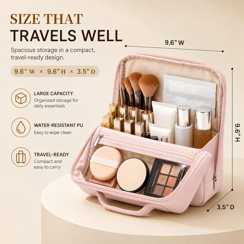 Frilgvenient open interior with removable divider organizing brushes and palettes