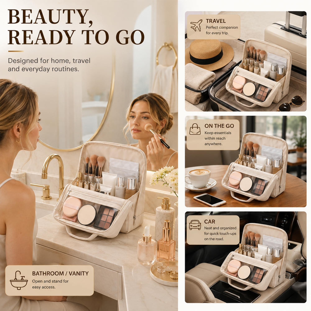 Frilgvenient on a vanity in a bathroom showing travel-ready organization