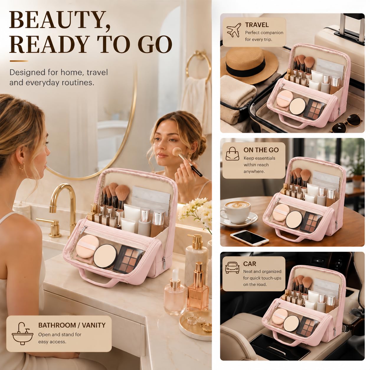 Frilgvenient on vanity in pink demonstrating organized travel and daily use