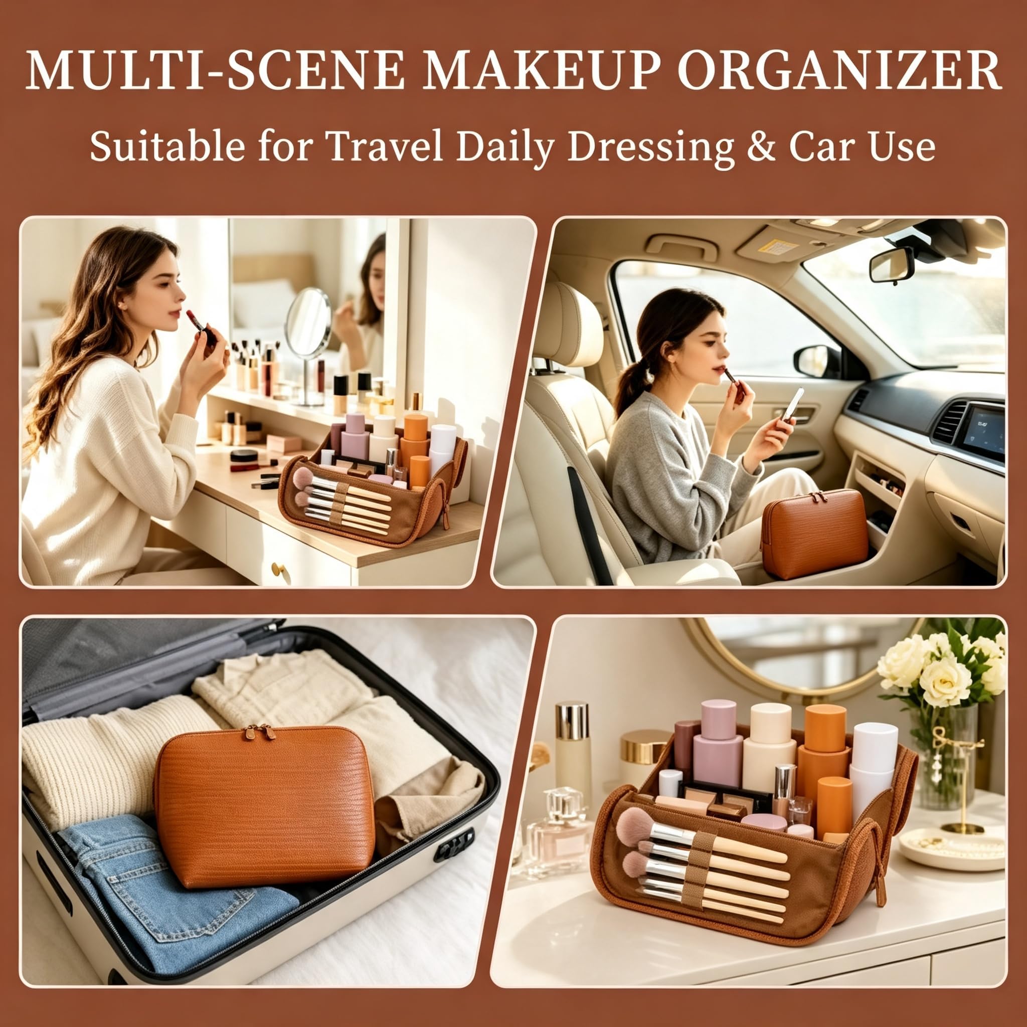 Frilgvenient standing on bathroom counter as a tidy mini makeup station while traveling