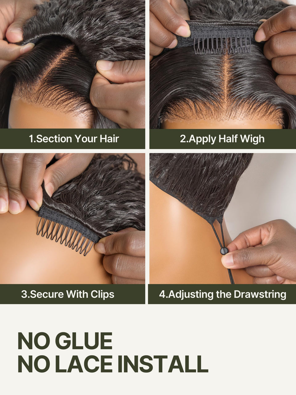 Frodio built-in combs attaching to hair for fast, glue-free installation