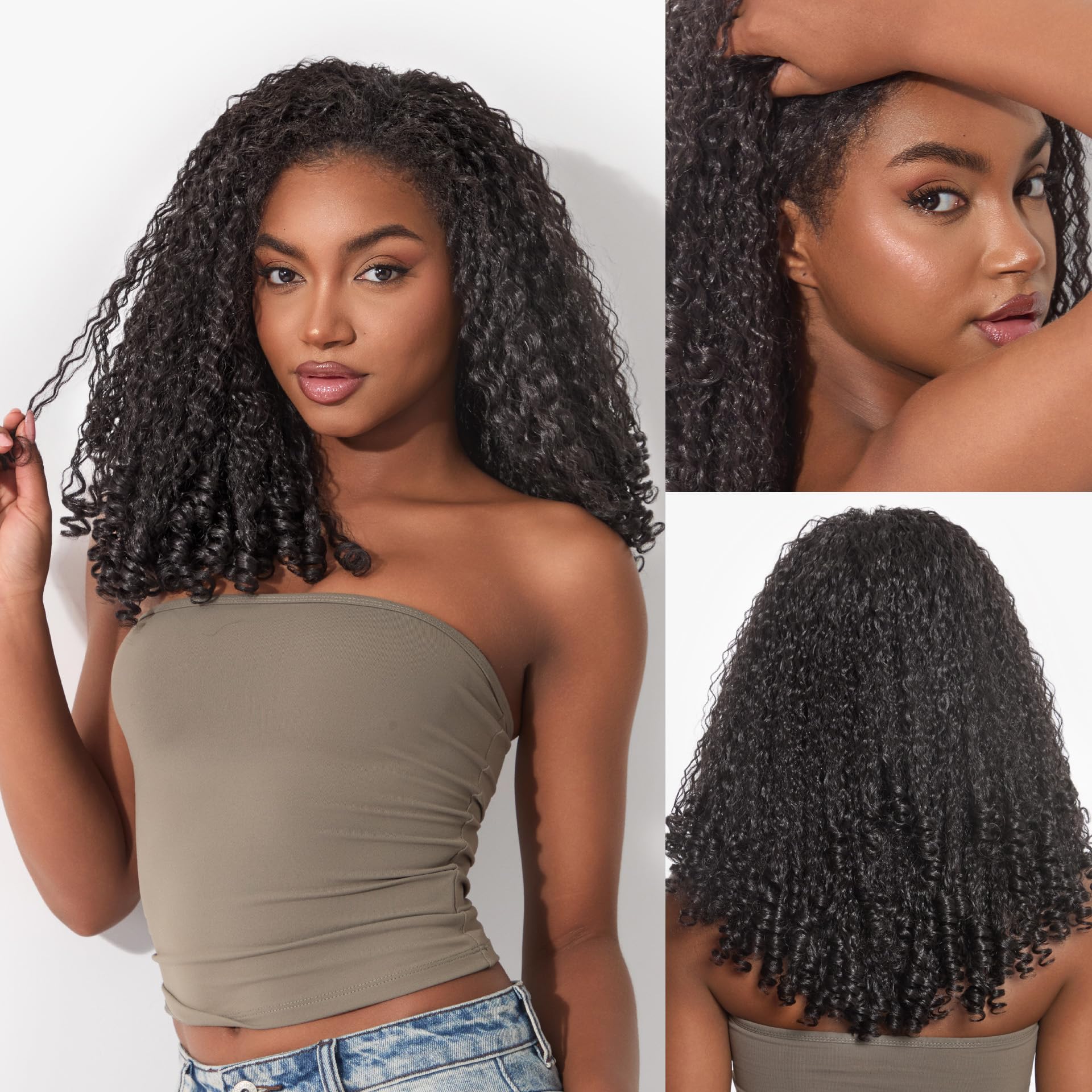 Frodio half wig front view showing natural black curls and instant volume