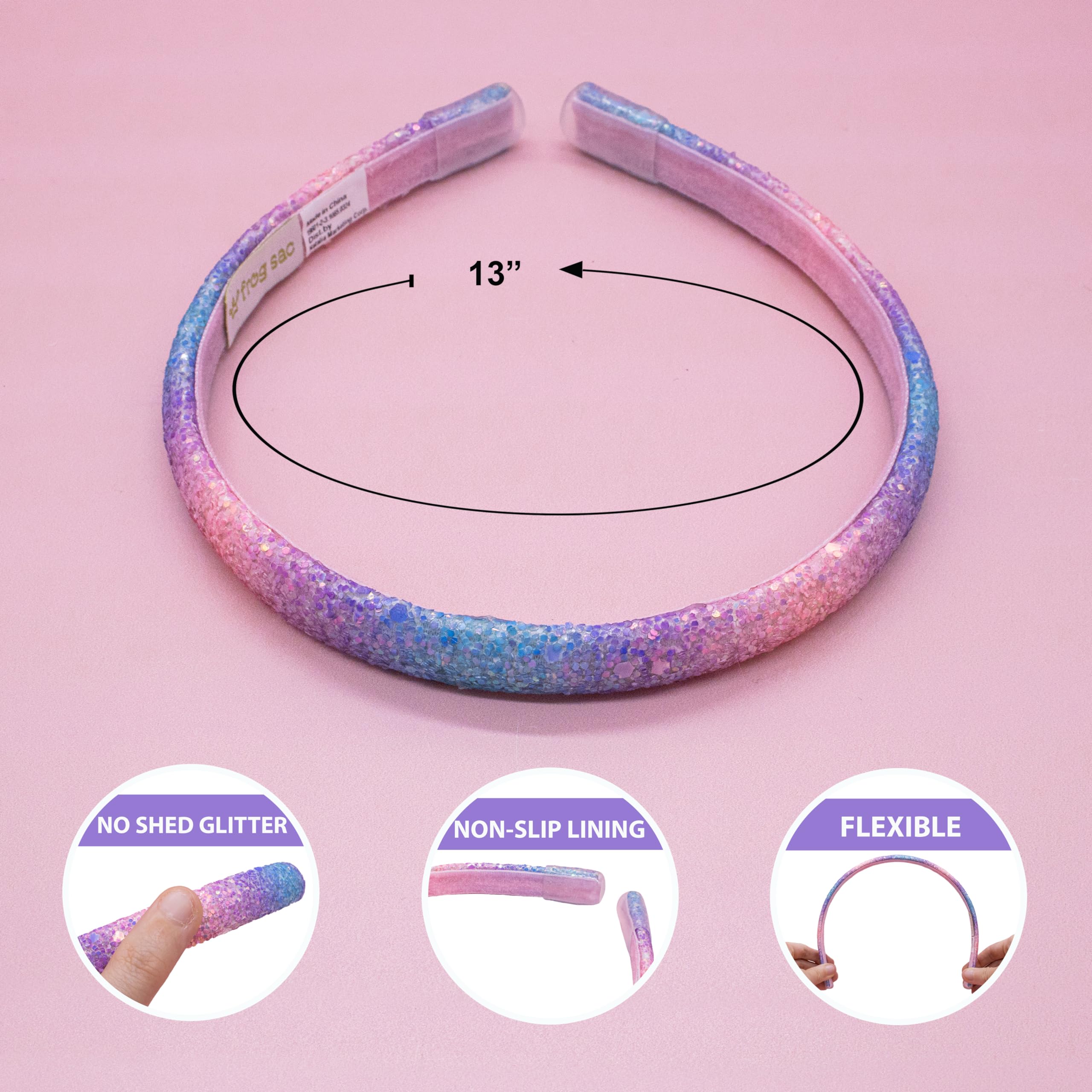 FROG SAC hand holding headbands to show flexible 13-inch hoop scale