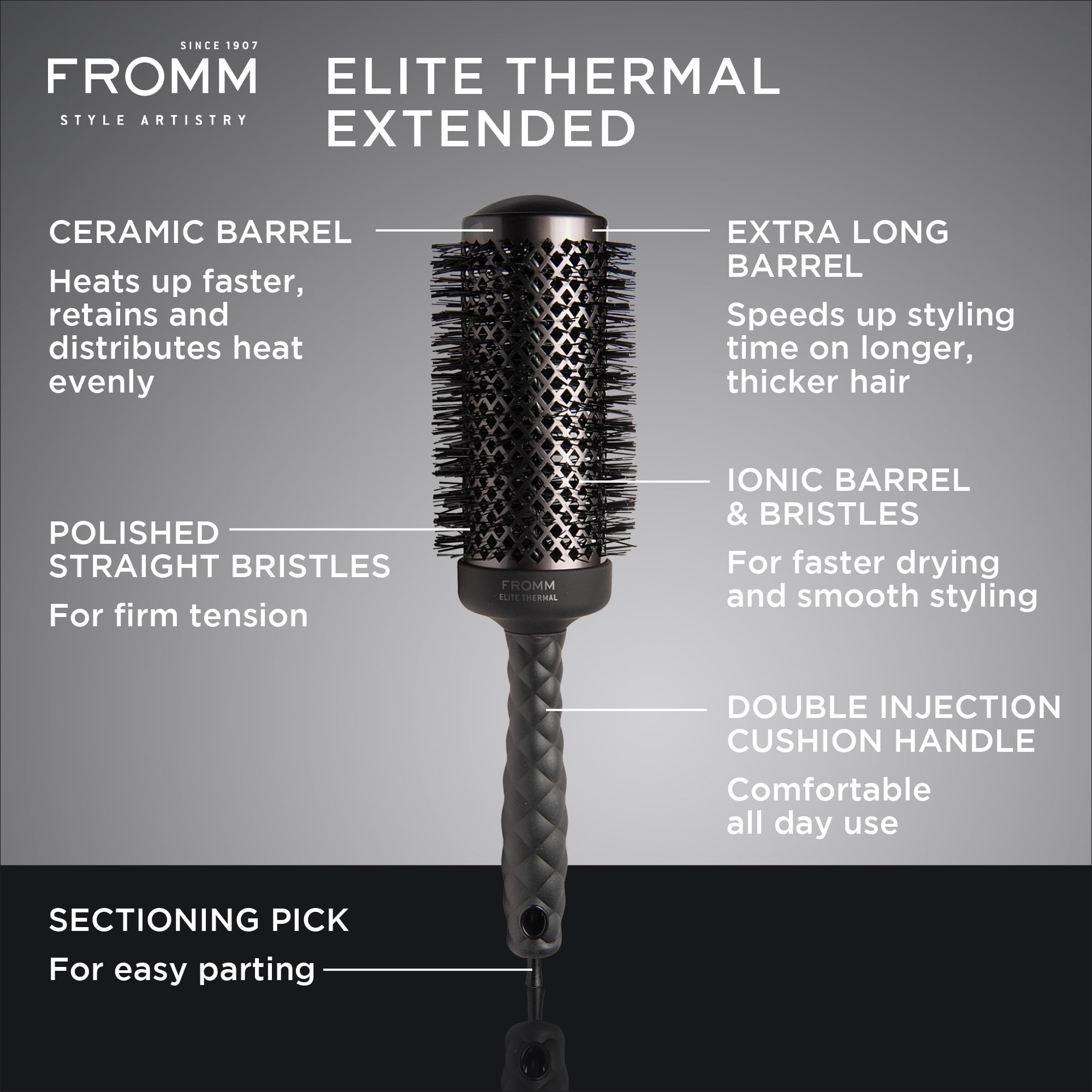 Fromm Elite close-up of ceramic x ionic barrel showing quick even heating benefit