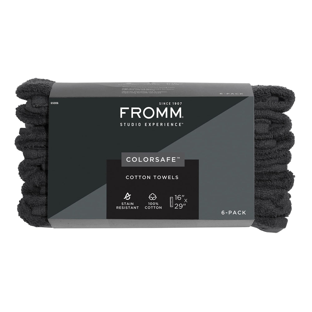 Fromm front view of six black ColorSafe towels showing compact pack and professional look