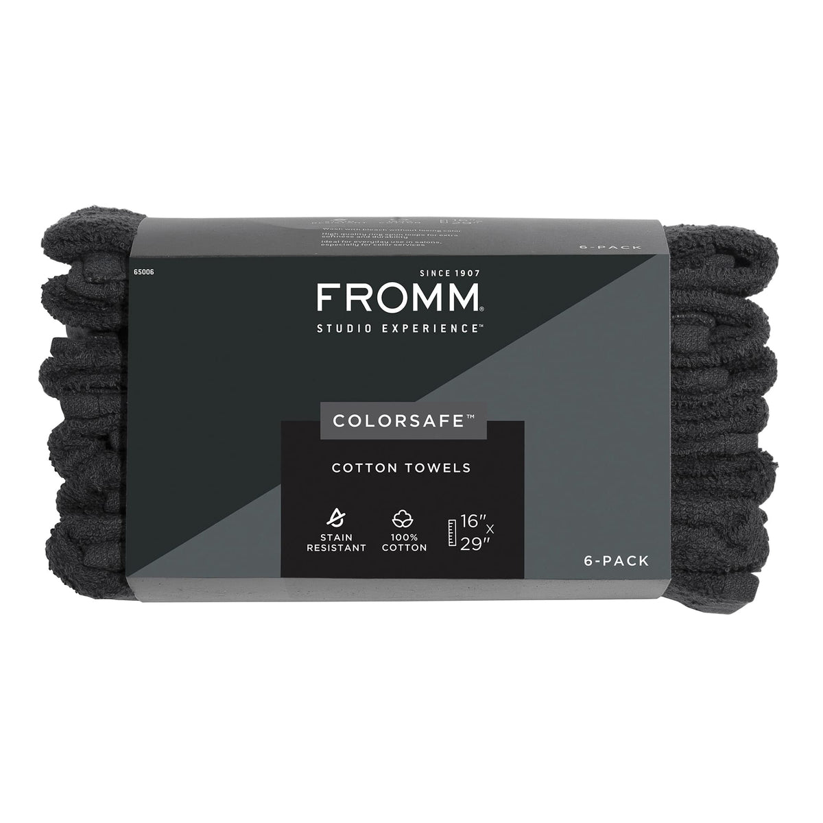 Fromm front view of six black ColorSafe towels showing compact pack and professional look