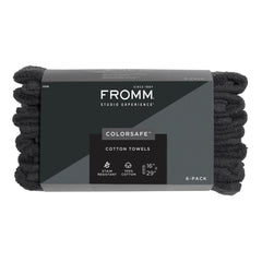 Fromm front view of six black ColorSafe towels showing compact pack and professional look