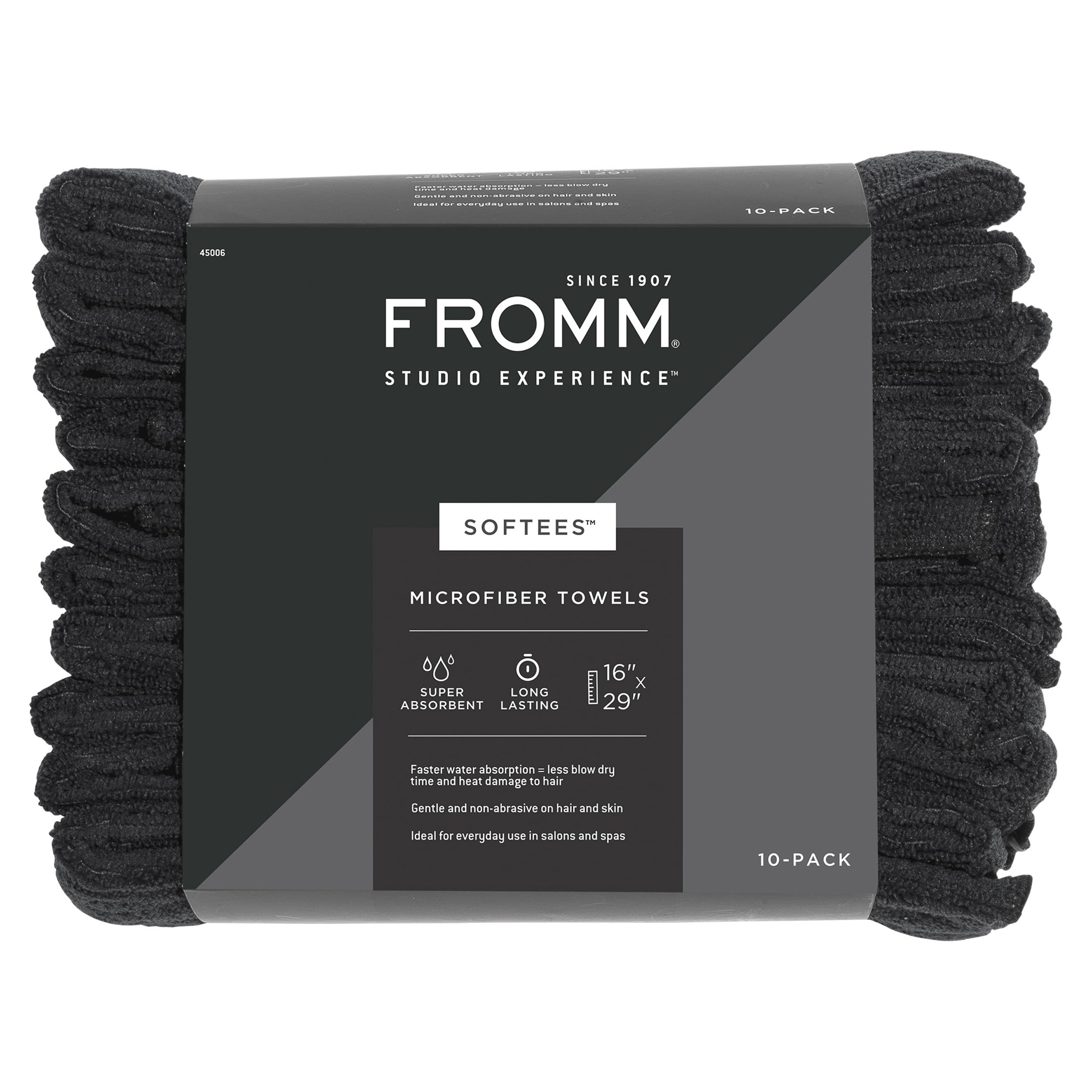 Fromm Softees front view of 10-pack black towels showing professional look
