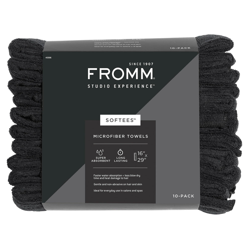 Fromm Softees front view of 10-pack black towels showing professional look