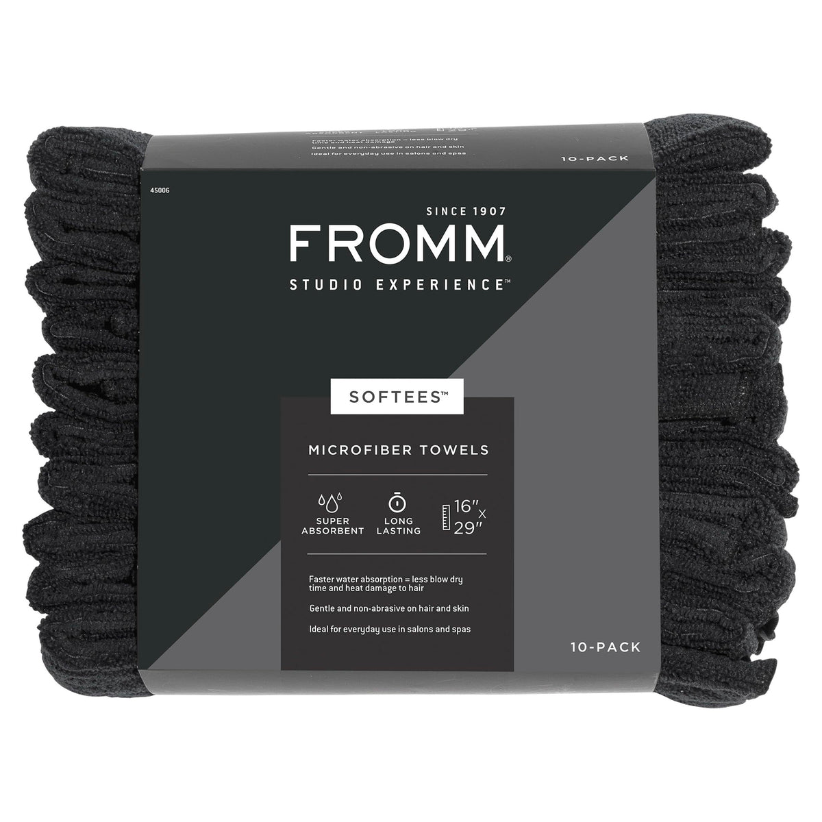 Fromm Softees front view of 10-pack black towels showing professional look