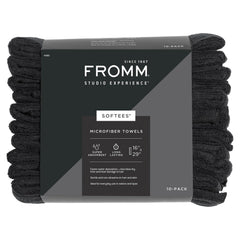 Fromm Softees front view of 10-pack black towels showing professional look