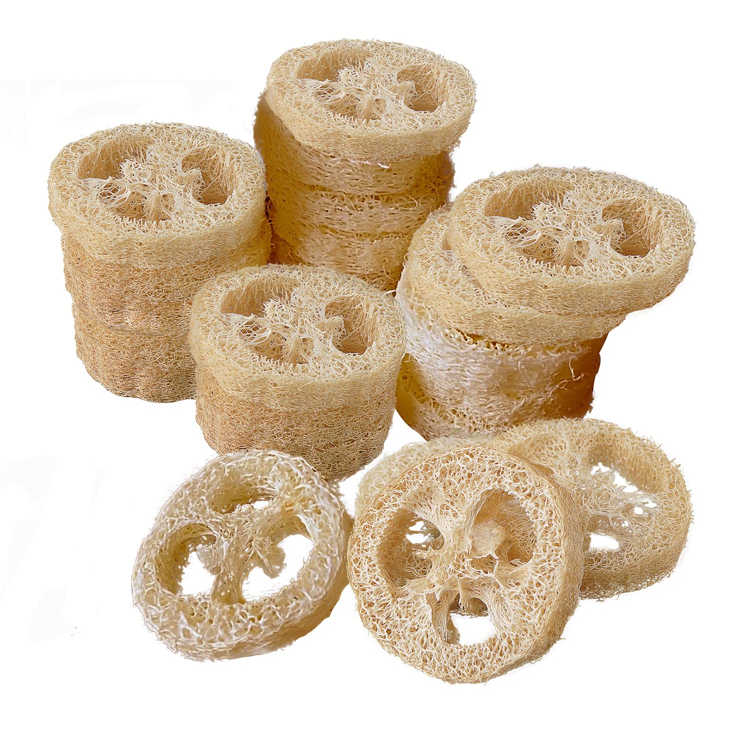 FRTIM front packaging showing 20-pack vacuum-sealed loofah slices and eco benefit