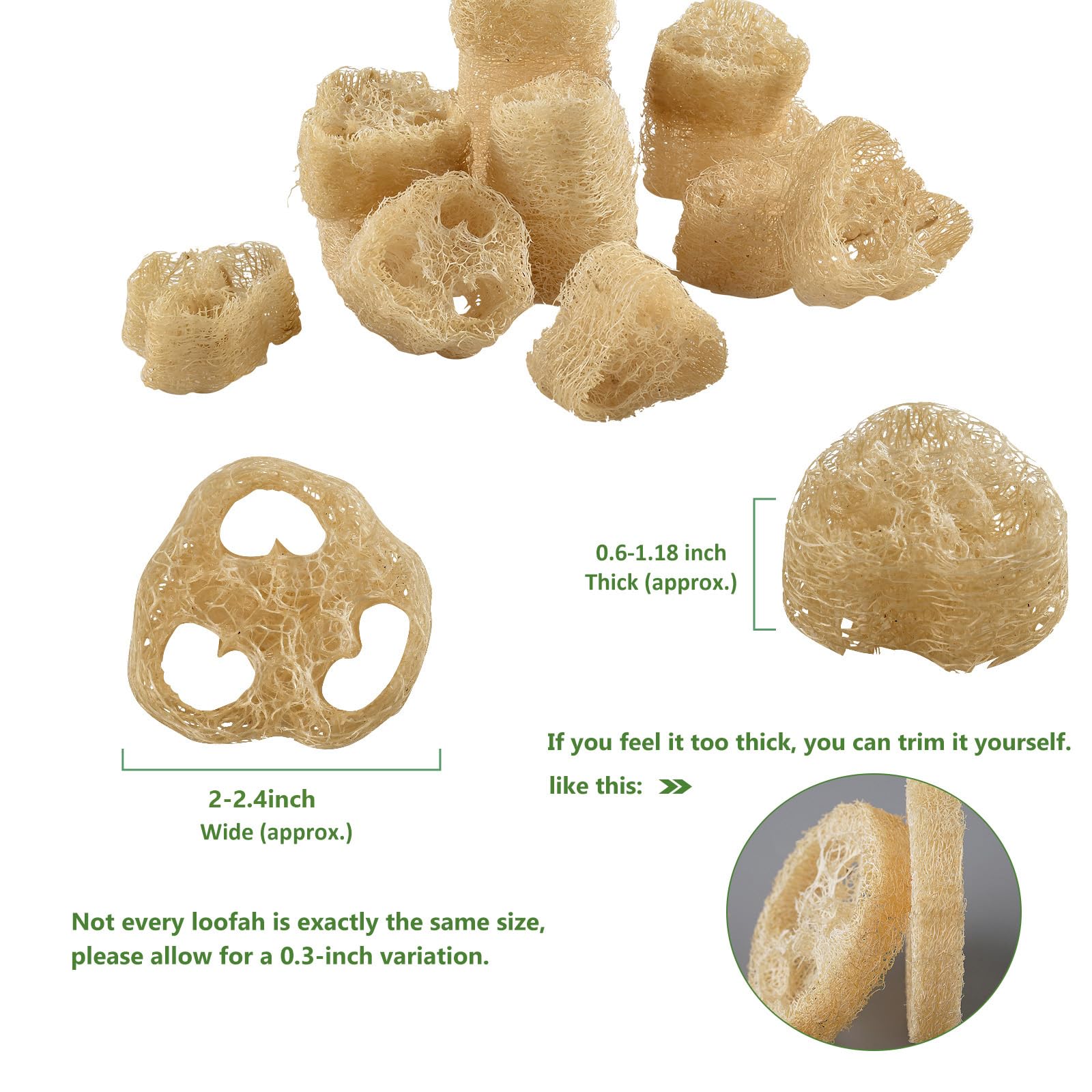 FRTIM loofah held in hand to show scale and easy-to-cut customization