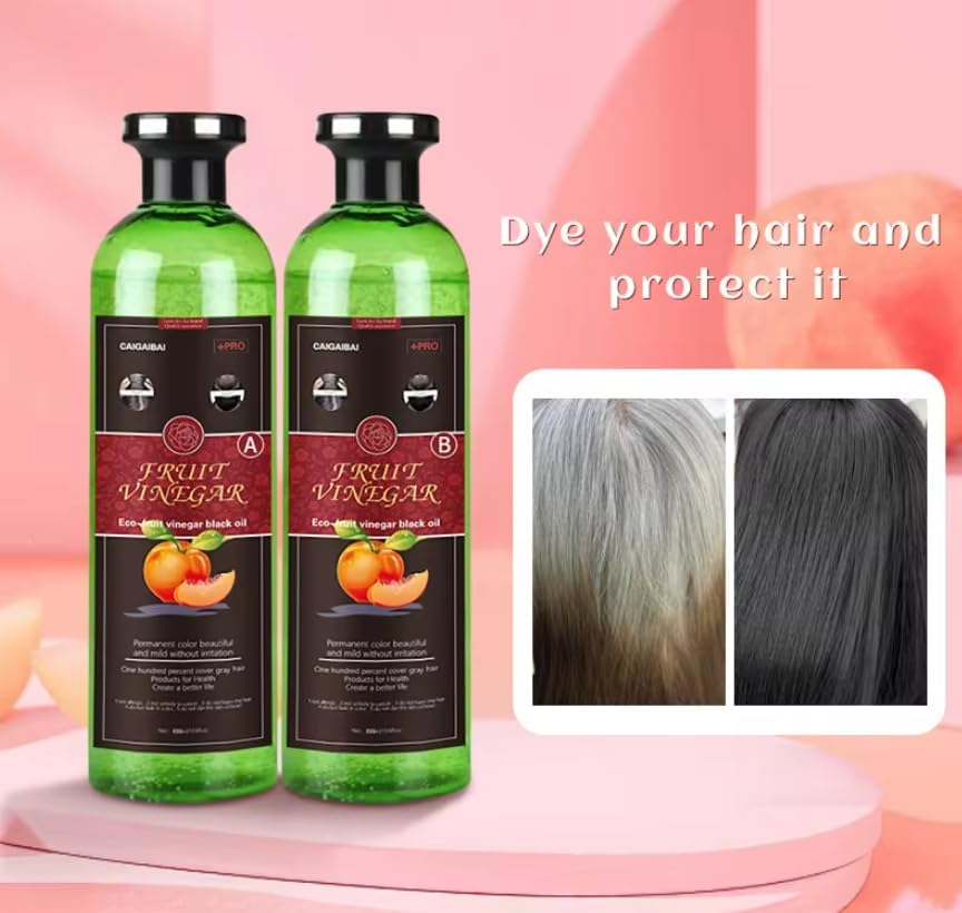 Generic Fruit Vinegar before and after comparison showing visible gray coverage and richer black