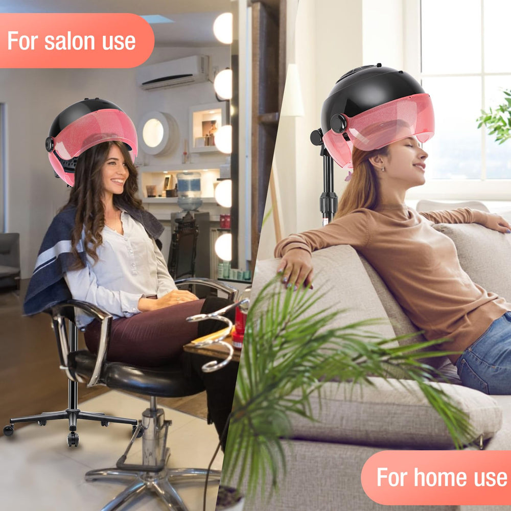 Fuehomue dryer in salon setting with client under hood, hands-free styling benefit