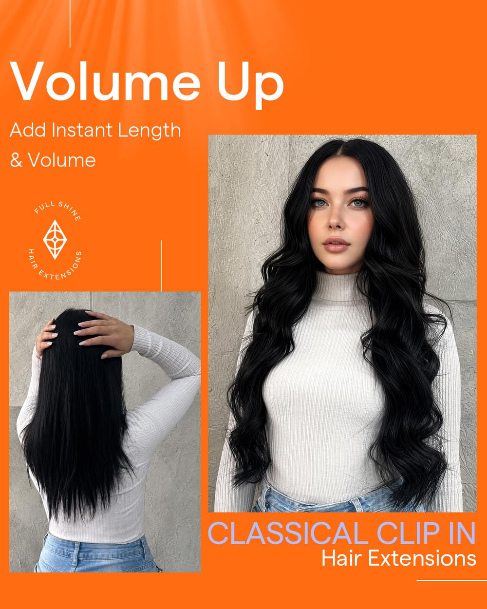 Full Shine before and after showing visible length and fuller silhouette