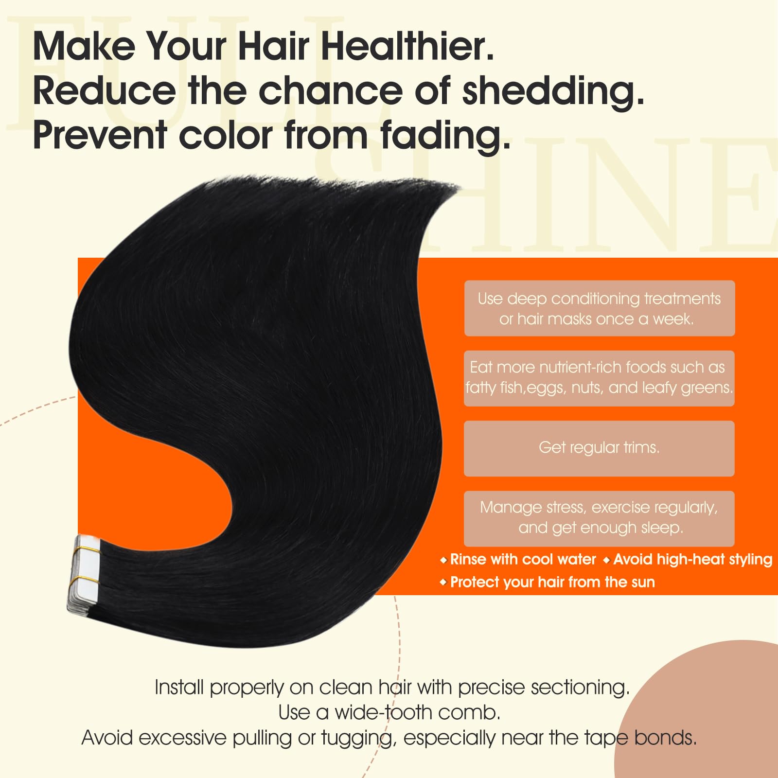 Full Shine Remy hair strand texture jet black showing silky, tangle-resistant shine