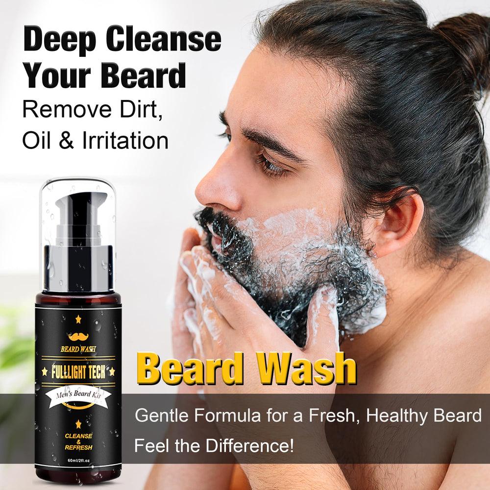 FULLLIGHT TECH beard wash and balm label detail showing gentle cleansing and conditioning benefit
