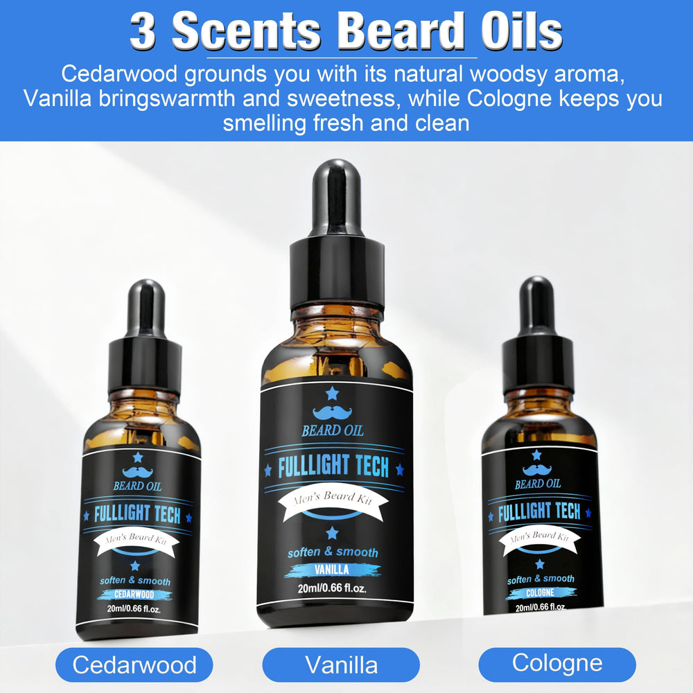 FULLLIGHT TECH three scented beard oils arranged, choose cedarwood vanilla cologne