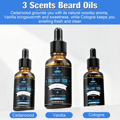 FULLLIGHT TECH three scented beard oils arranged, choose cedarwood vanilla cologne
