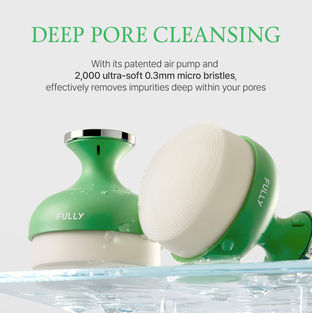FULLY brush in use applying cleanser to cheek for deeper pore cleaning benefit