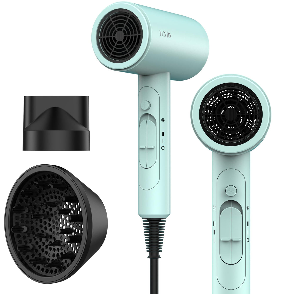 FUNTIN front view of blue dryer highlighting compact professional design and fast drying