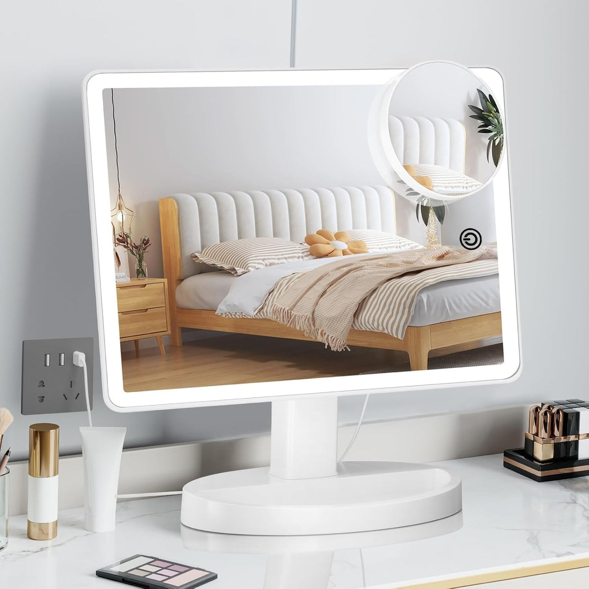 FUNTOUCH front view showing large white LED mirror and bright benefit