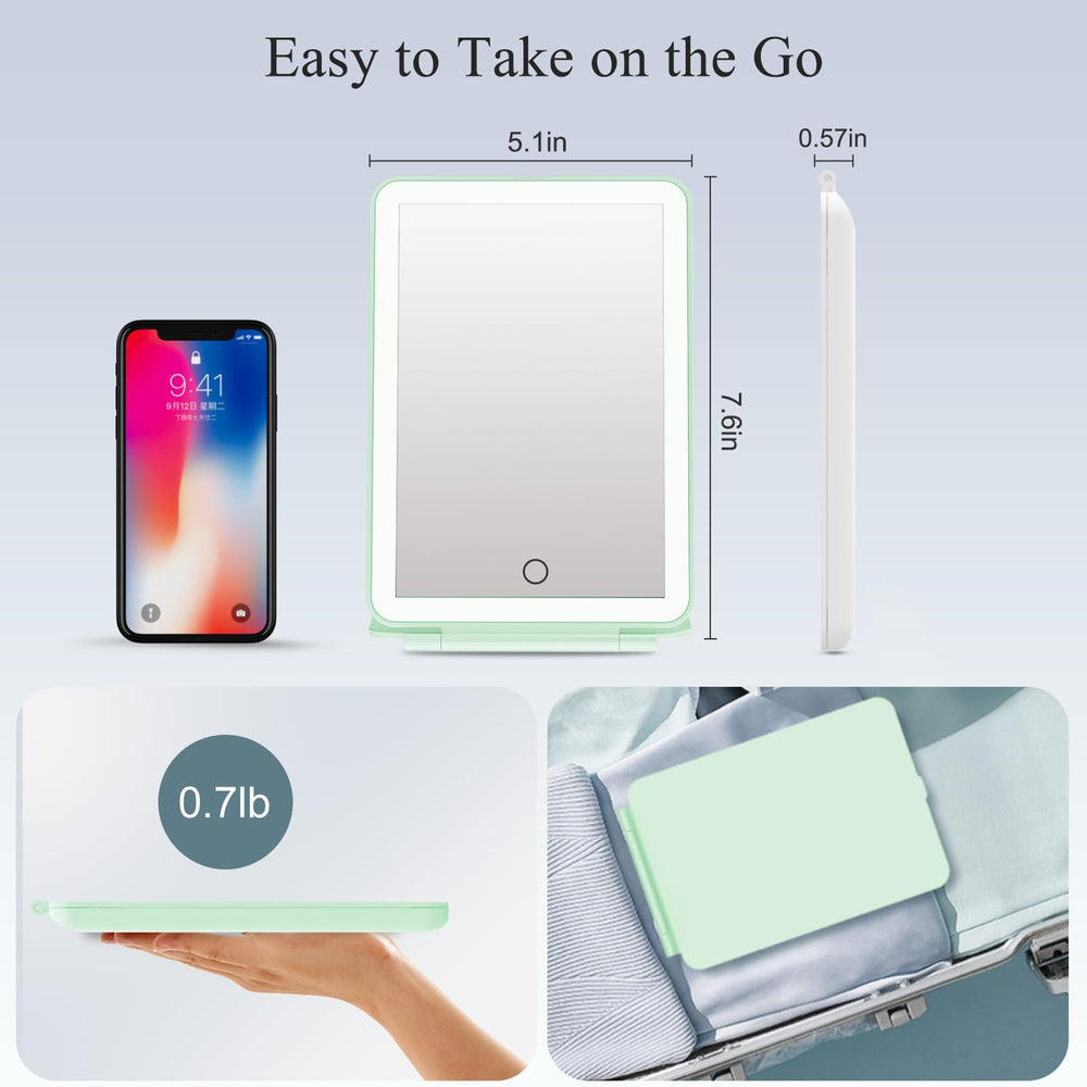 FUNTOUCH mirror held in hand to show 5x7.5 inch scale and lightweight portability