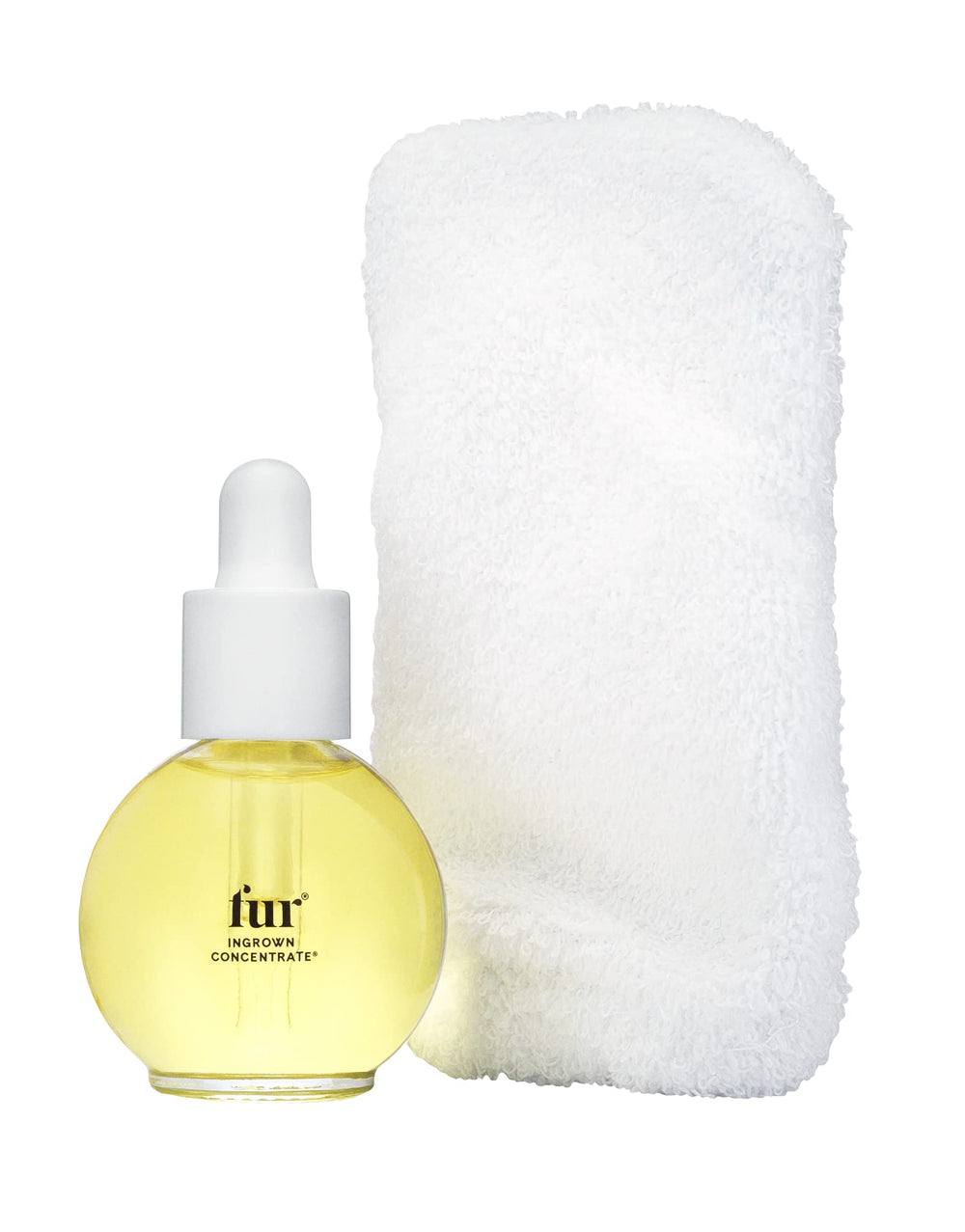 Fur ingrown concentrate kit front view showing oil bottle and mitt for targeted treatment