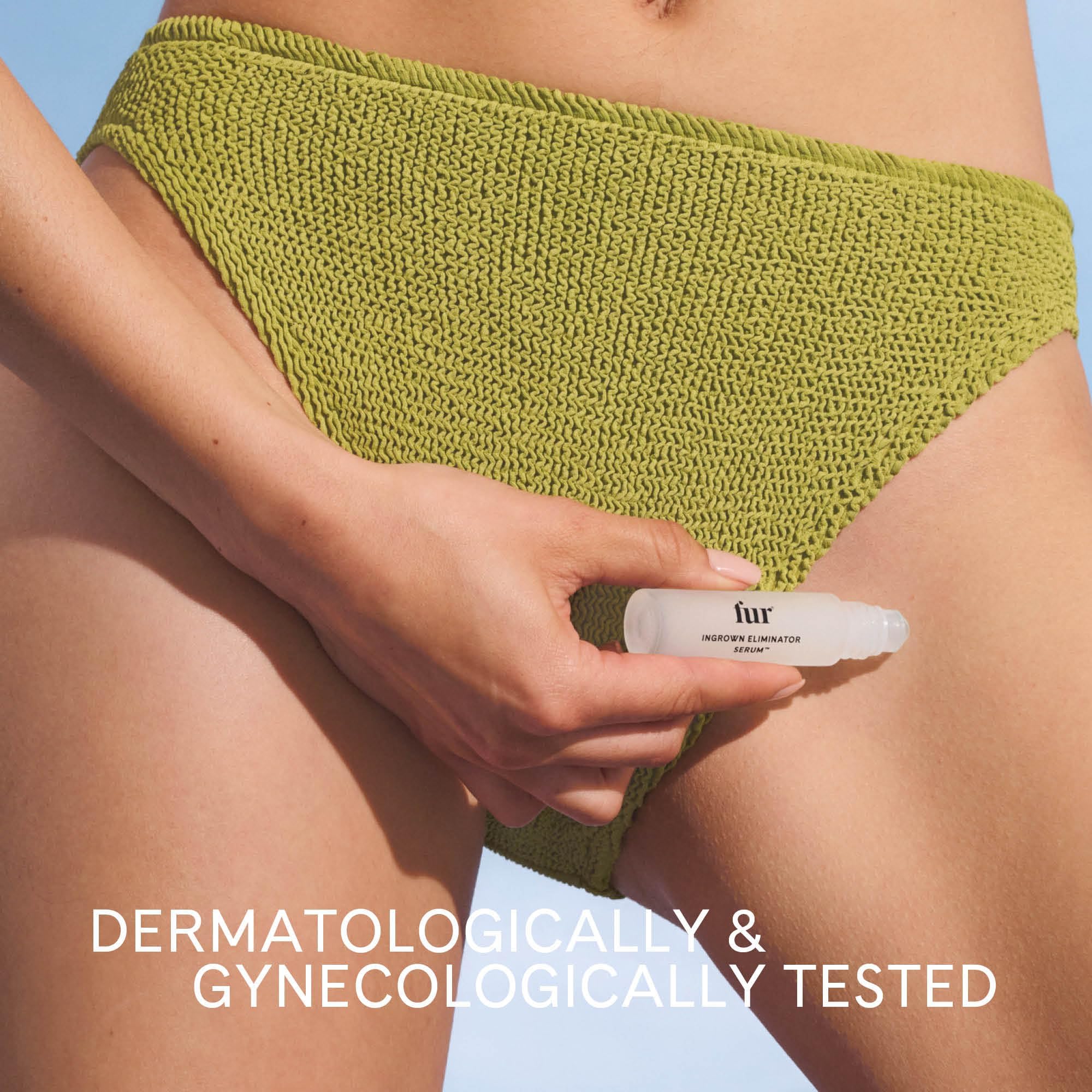 Fur rollerball being applied to leg to target ingrown hairs and soothe skin